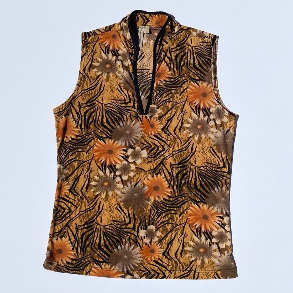 Susan Lawrence Tiger Floral Print V-neck Top Women's Large Y2K 90s 2000s Vintage
